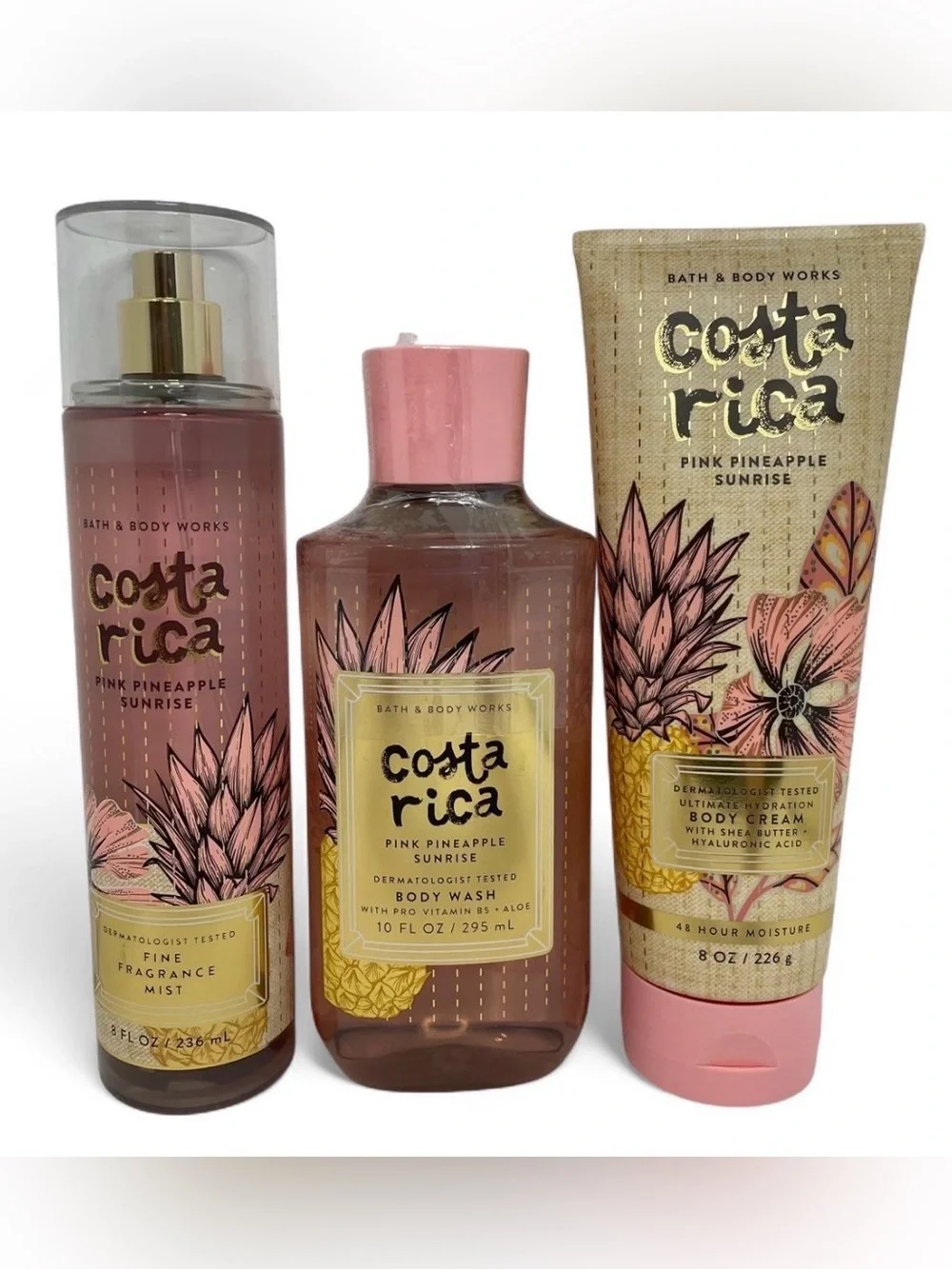 3 Piece Lot Bath & Body Works Costa Rica Pink Pineapple Sunrise Wash Cream Mist